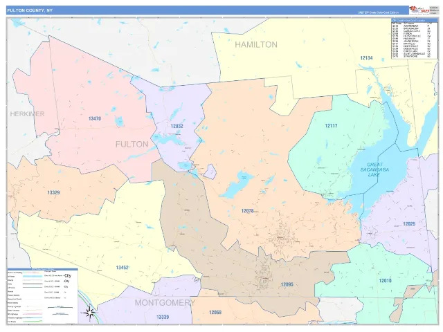 Fulton County, NY ZIP Code Wall Map, ColorCast style