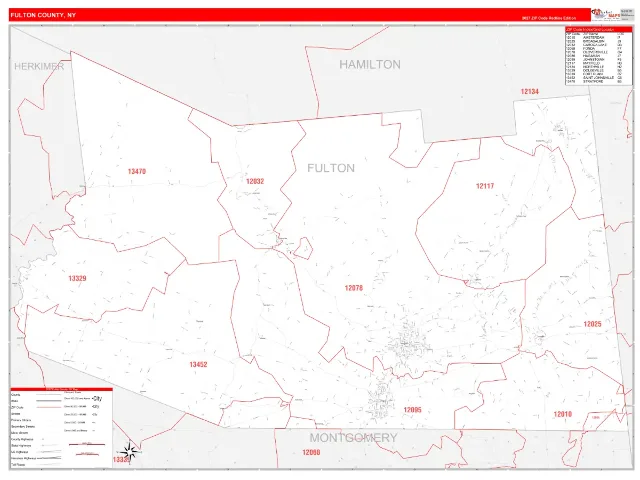 Fulton County, NY ZIP Code Wall Map, RedLine style