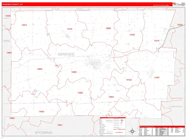 Genesee County, NY ZIP Code Wall Map, RedLine style