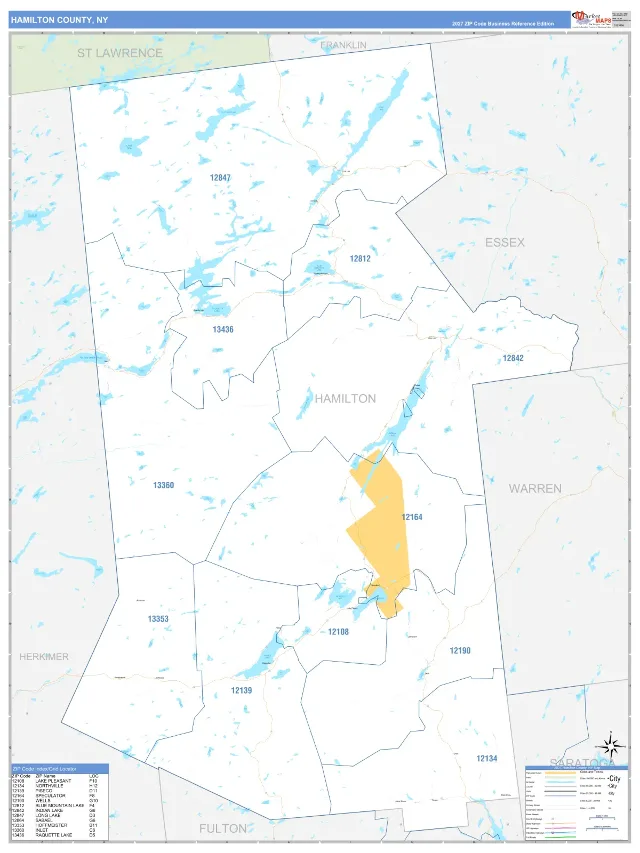 Hamilton County, NY ZIP Code Wall Map, Business Reference style