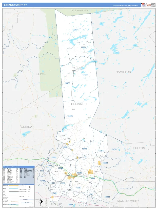 Herkimer County, NY ZIP Code Wall Map, Business Reference style