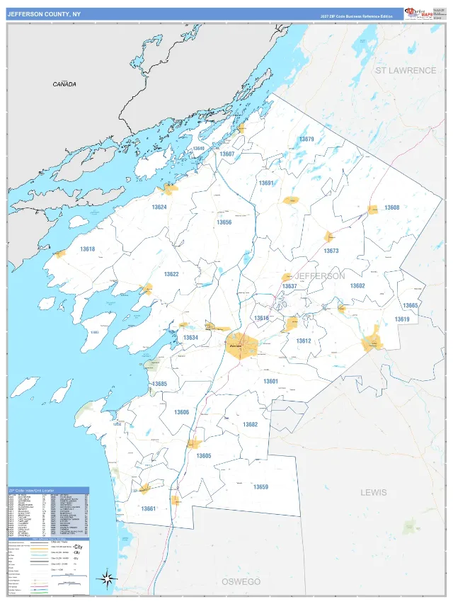 Jefferson County, NY ZIP Code Wall Map, Business Reference style