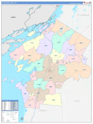 Jefferson County, NY ColorCast style ZIP Code wall map