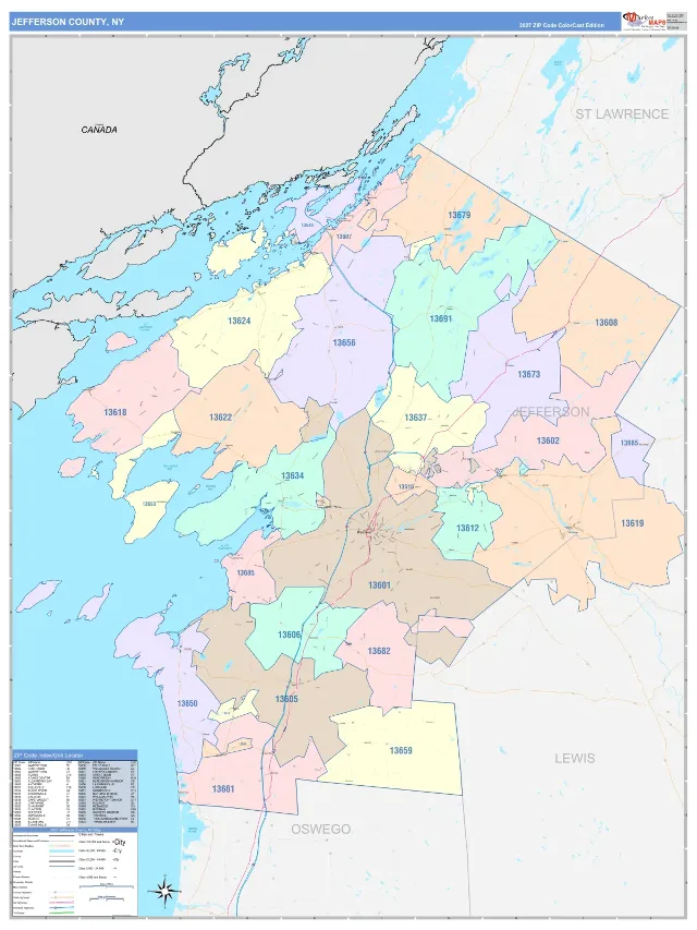 Jefferson County, NY ZIP Code Wall Map, ColorCast style