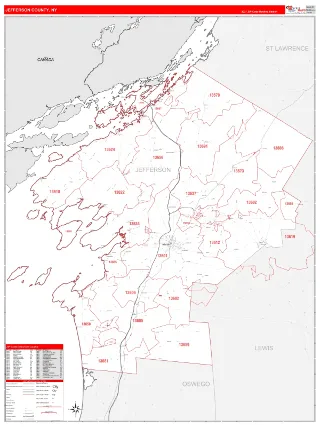 Jefferson County, NY RedLine style ZIP Code wall map