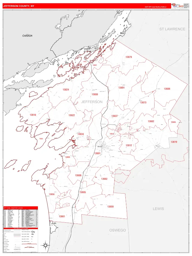 Jefferson County, NY ZIP Code Wall Map, RedLine style