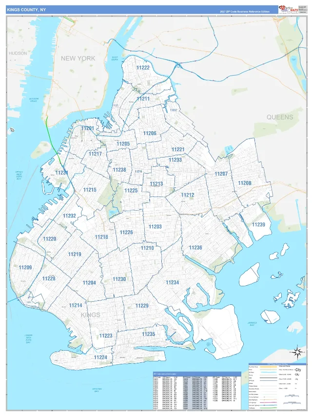 Kings County, NY ZIP Code Wall Map, Business Reference style