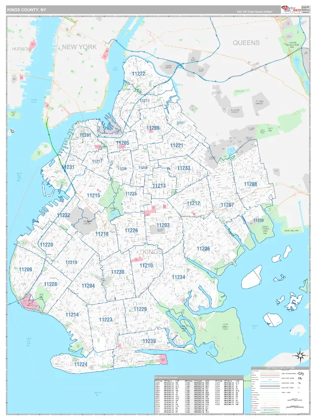 Kings County, NY ZIP Code Wall Map, Classic style