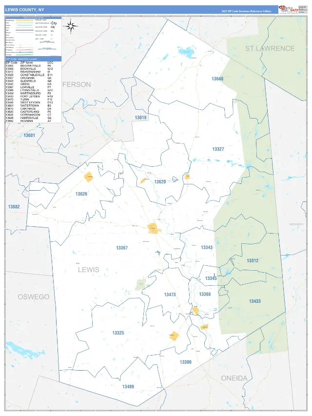 Lewis County, NY ZIP Code Wall Map, Business Reference style