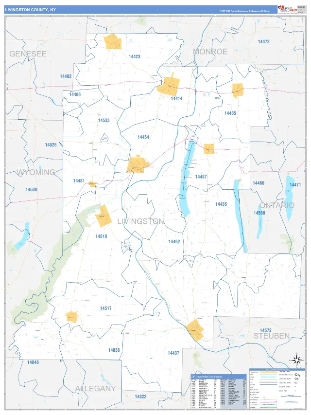Livingston County, NY ZIP Code Wall Map, Business Reference style