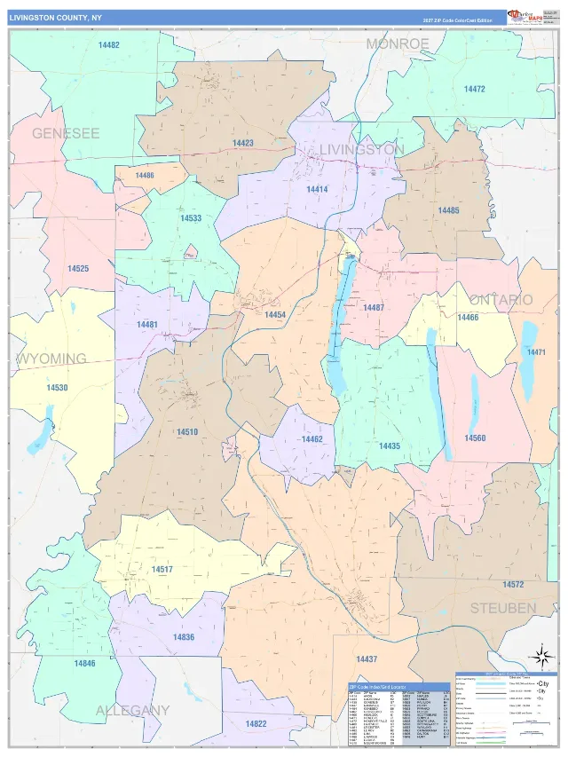 Livingston County, NY ZIP Code Wall Map, ColorCast style