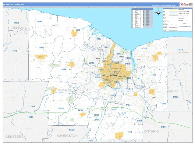 Monroe County, NY ZIP Code Wall Map, Business Reference style