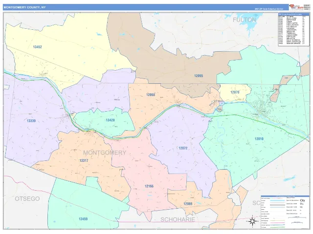 Montgomery County, NY ZIP Code Wall Map, ColorCast style