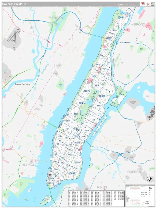 New York County, NY ZIP Code Wall Map, Classic style