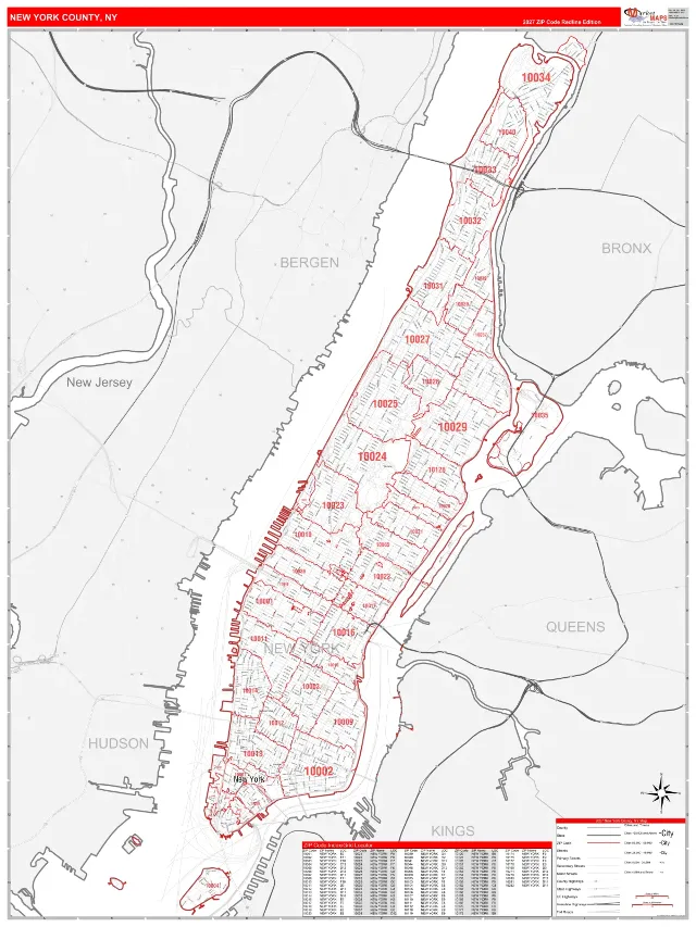 New York County, NY ZIP Code Wall Map, RedLine style