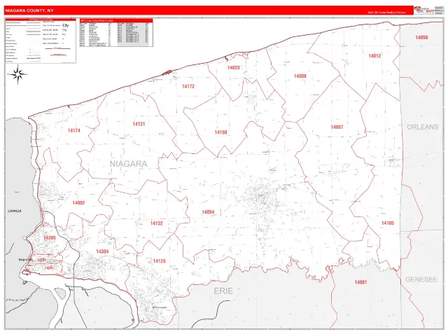 Niagara County, NY ZIP Code Wall Map, RedLine style