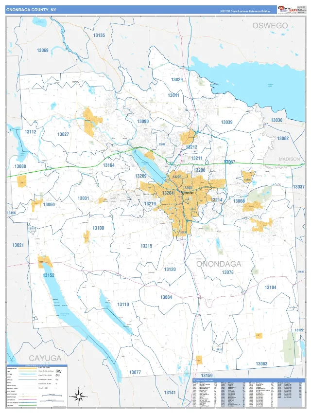 Onondaga County, NY ZIP Code Wall Map, Business Reference style