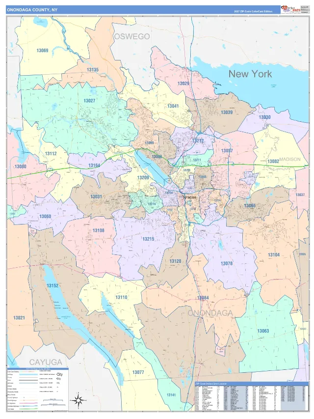 Onondaga County, NY ZIP Code Wall Map, ColorCast style