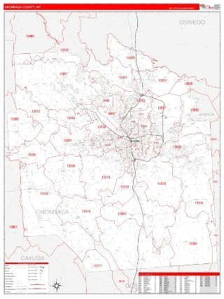 Onondaga County, NY RedLine style ZIP Code wall map