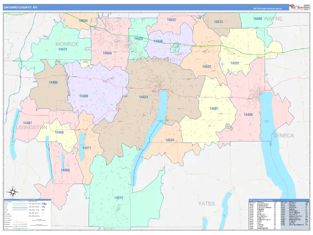 Ontario County, NY ZIP Code Wall Map, ColorCast style