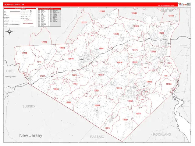 Orange County, NY ZIP Code Wall Map, RedLine style