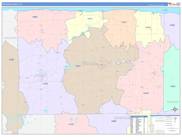 Orleans County, NY ZIP Code Wall Map, ColorCast style