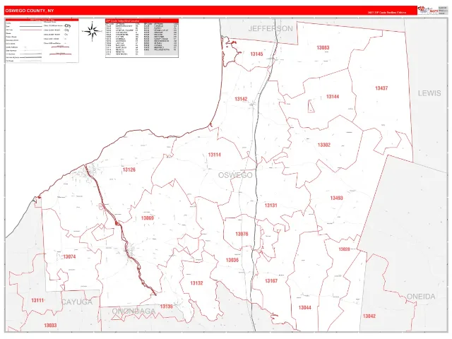Oswego County, NY ZIP Code Wall Map, RedLine style
