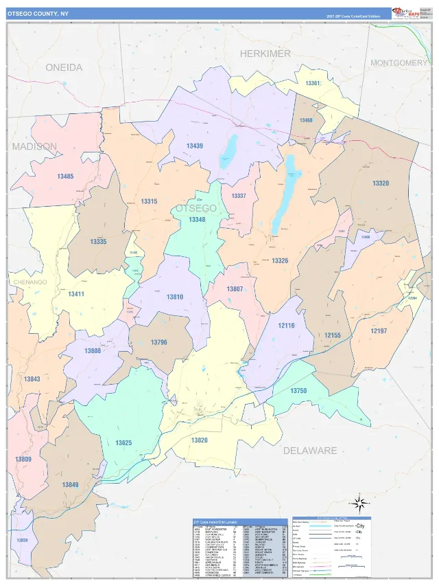 Otsego County, NY ZIP Code Wall Map, ColorCast style