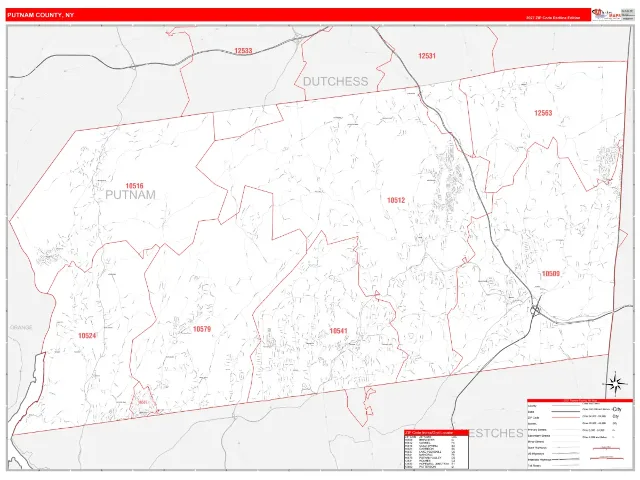 Putnam County, NY ZIP Code Wall Map, RedLine style
