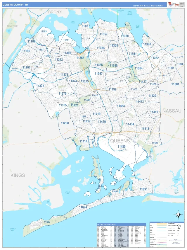 Queens County, NY ZIP Code Wall Map, Business Reference style