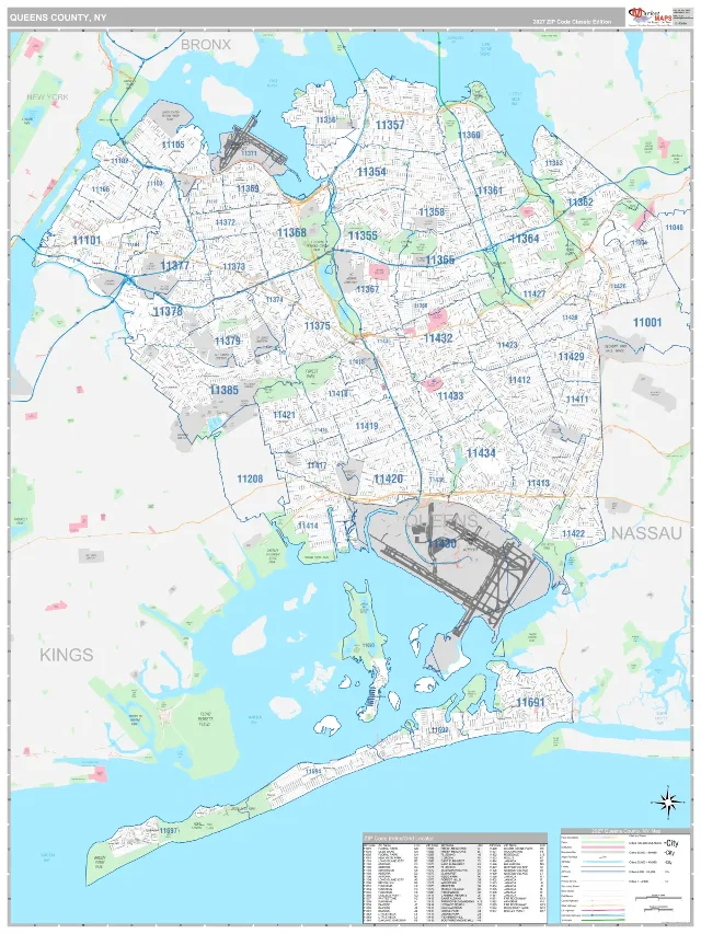 Queens County, NY ZIP Code Wall Map, Classic style
