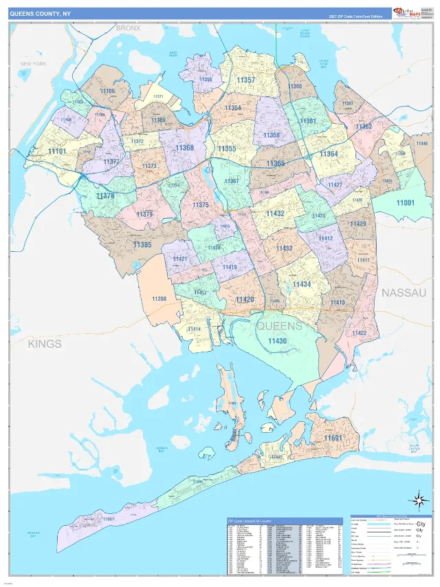 Queens County, NY ZIP Code Wall Map, ColorCast style
