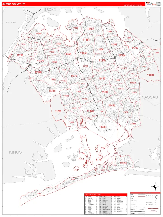Queens County, NY ZIP Code Wall Map, RedLine style