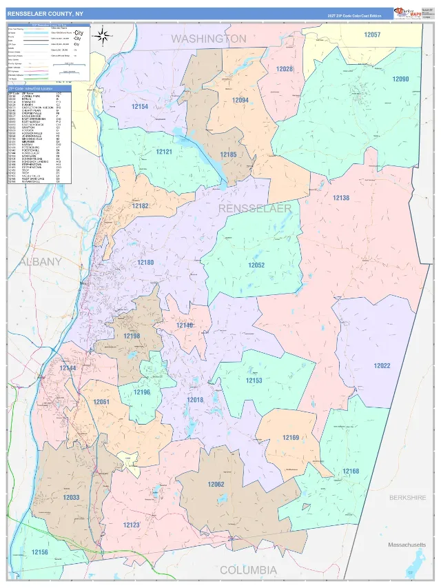Rensselaer County, NY ZIP Code Wall Map, ColorCast style