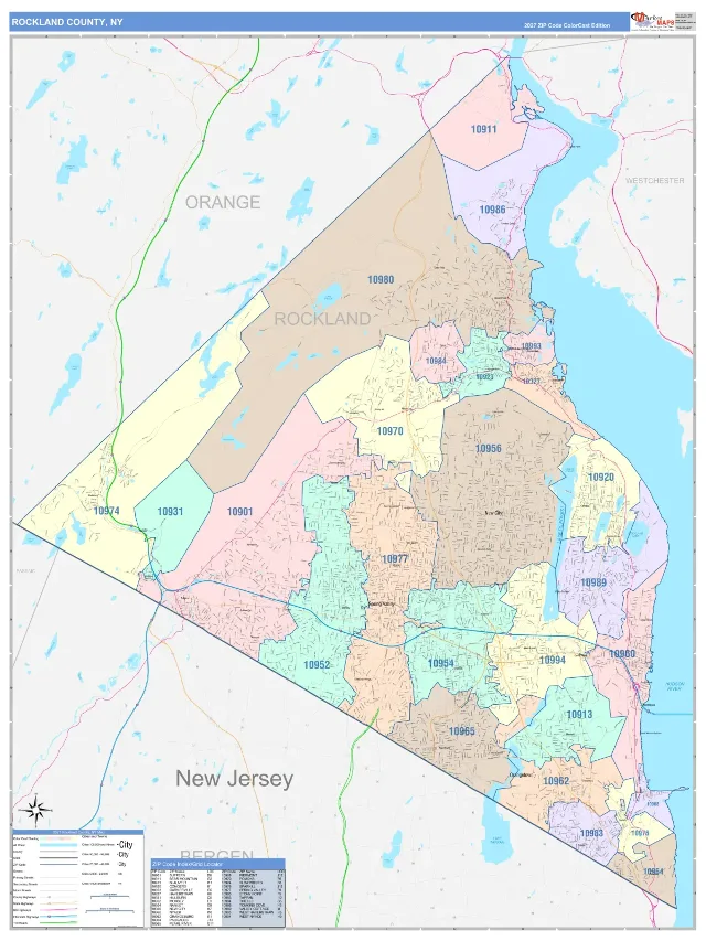 Rockland County, NY ZIP Code Wall Map, ColorCast style
