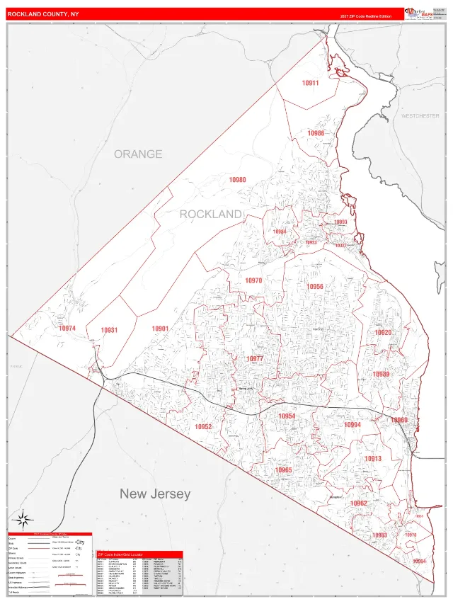 Rockland County, NY ZIP Code Wall Map, RedLine style