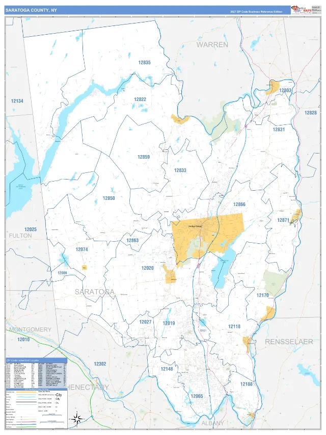 Saratoga County, NY ZIP Code Wall Map, Business Reference style