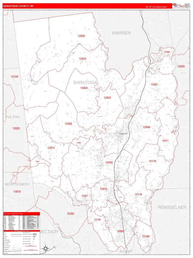 Saratoga County, NY ZIP Code Wall Map, RedLine style