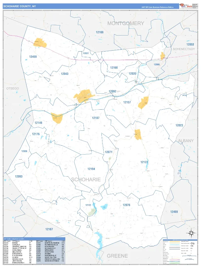 Schoharie County, NY ZIP Code Wall Map, Business Reference style