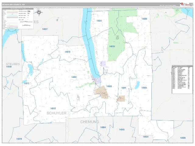 Schuyler County, NY ZIP Code Wall Map, Classic style