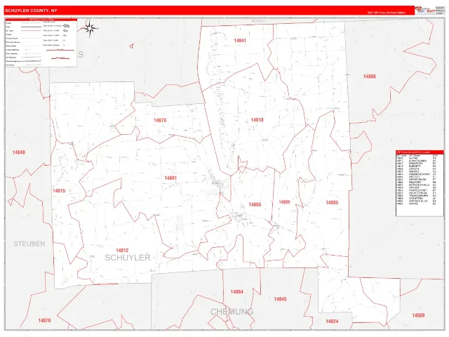 Schuyler County, NY ZIP Code Wall Map, RedLine style