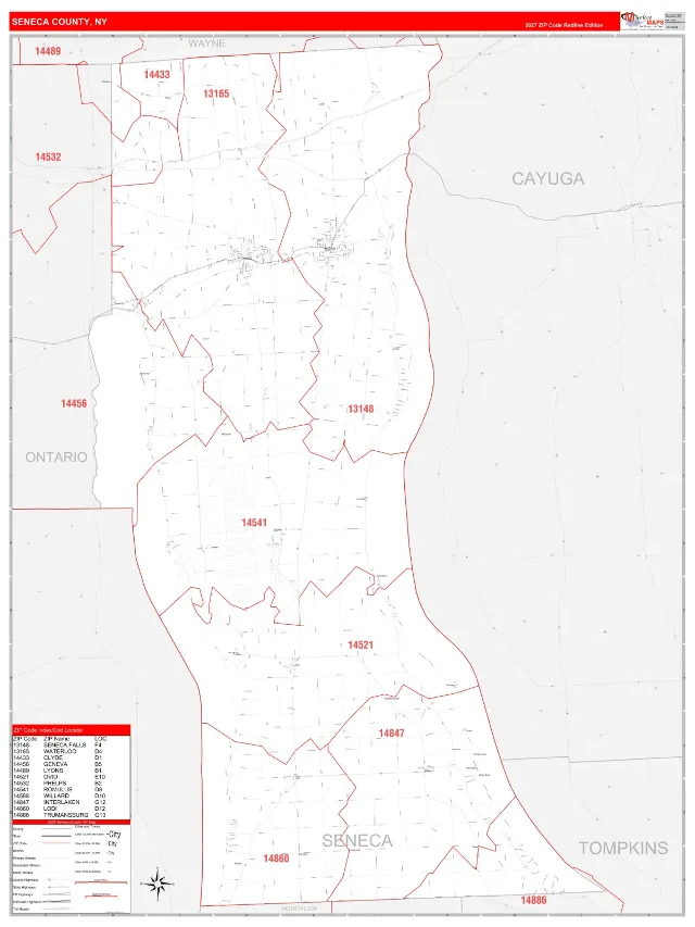 Seneca County, NY ZIP Code Wall Map, RedLine style