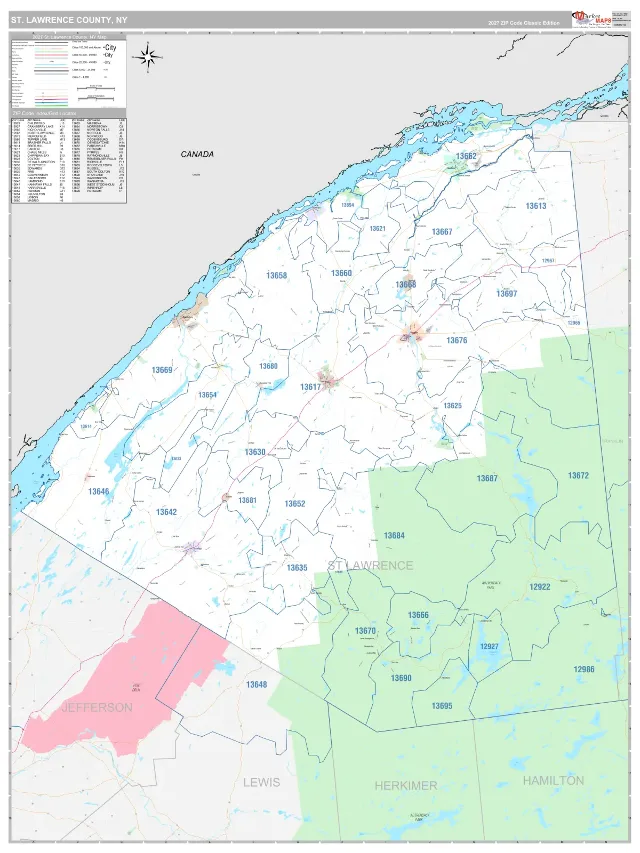 St. Lawrence County, NY ZIP Code Wall Map, Classic style