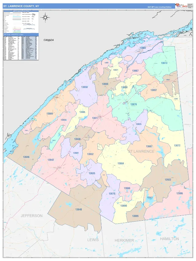 St. Lawrence County, NY ZIP Code Wall Map, ColorCast style