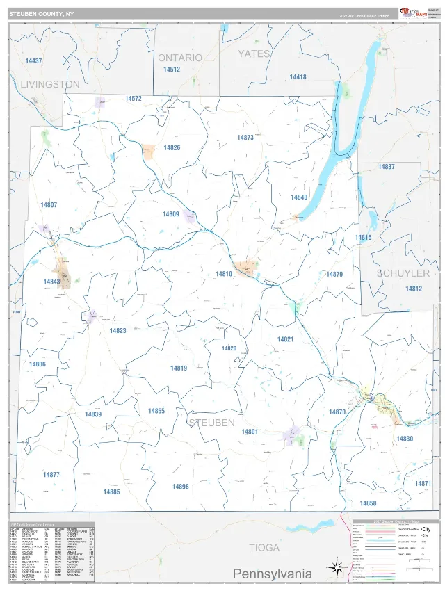 Steuben County, NY ZIP Code Wall Map, Classic style