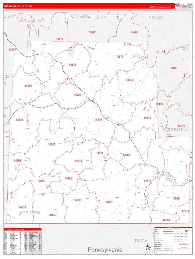 Steuben County, NY ZIP Code Wall Map, RedLine style
