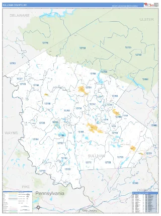 Sullivan County, NY Business Reference style ZIP Code wall map