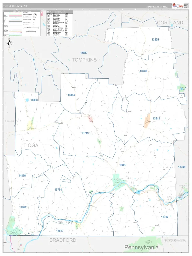 Tioga County, NY ZIP Code Wall Map, Classic style