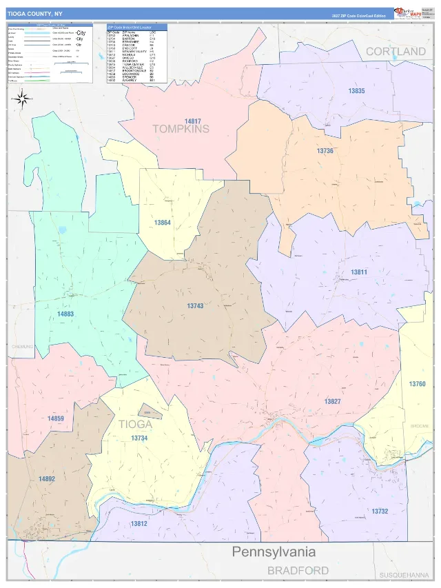 Tioga County, NY ZIP Code Wall Map, ColorCast style