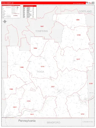 Tioga County, NY RedLine style ZIP Code wall map